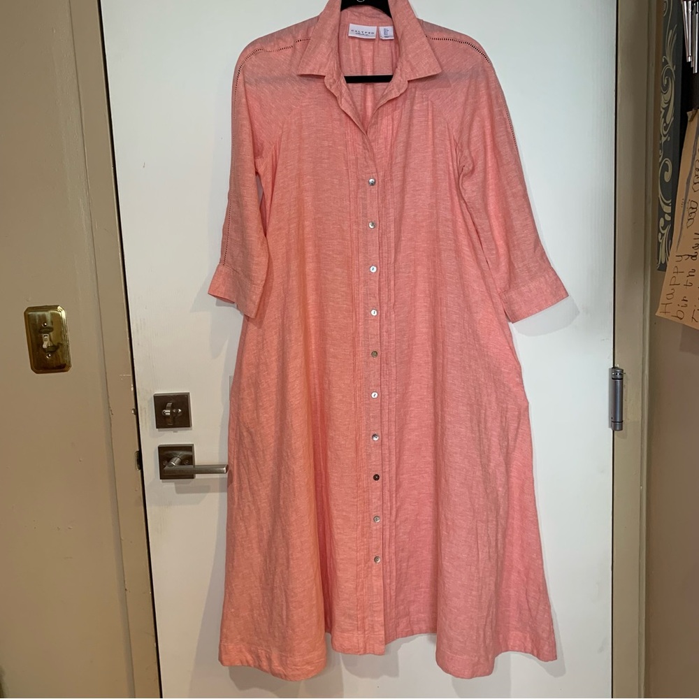 Calypso St. Barts Small Linen Blend Button-Front Coral Shirt Maxi Dress